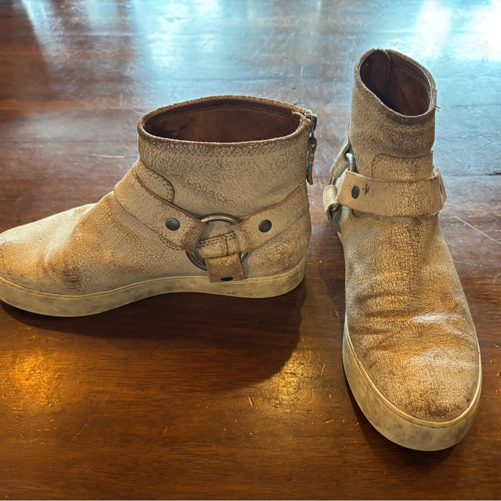 Frye Lena Harness Cream Ankle Boots with Cracked Leather